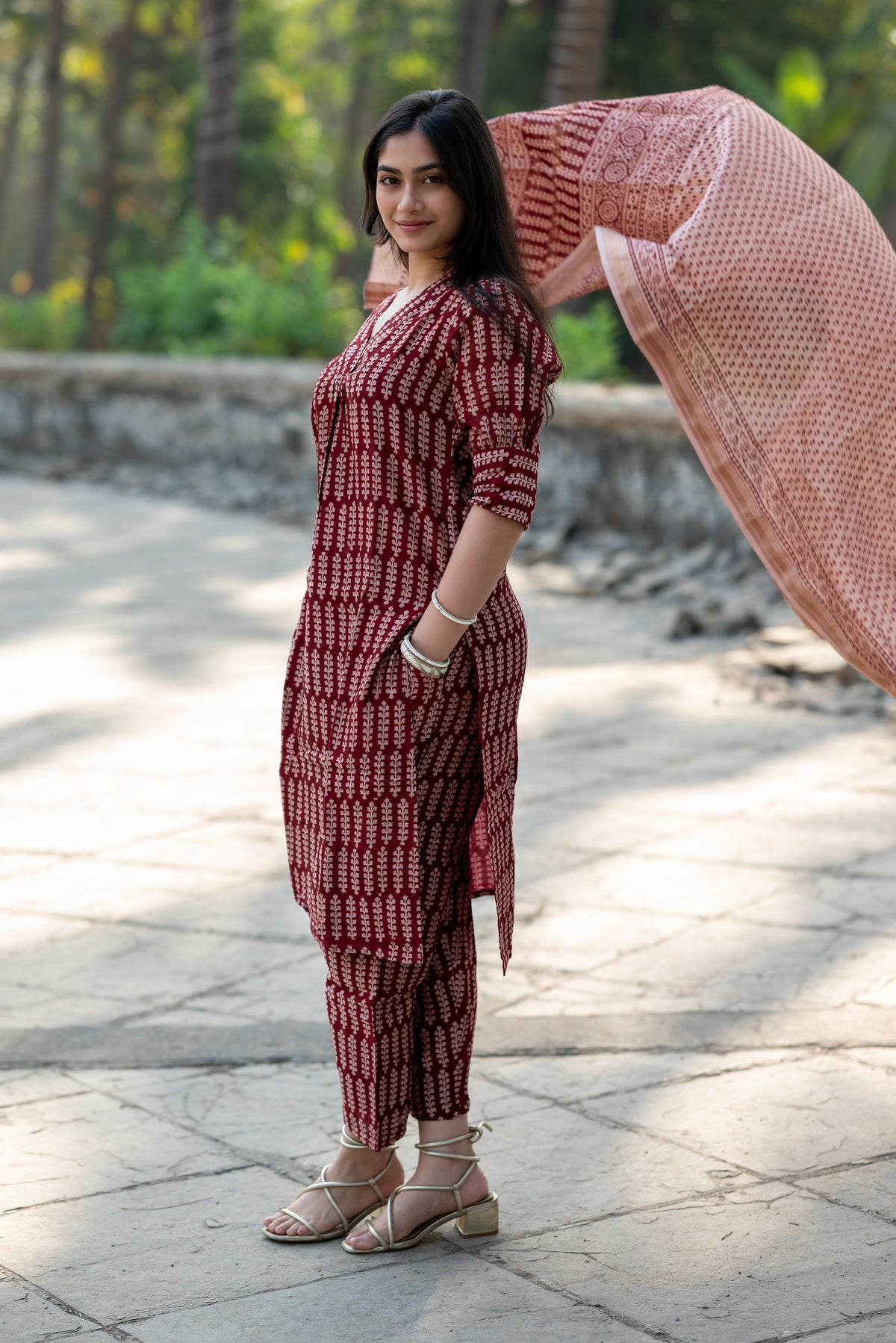 Maroon Maheshwari Silk Kurta Dupatta Sets,bagh print,plant base dye