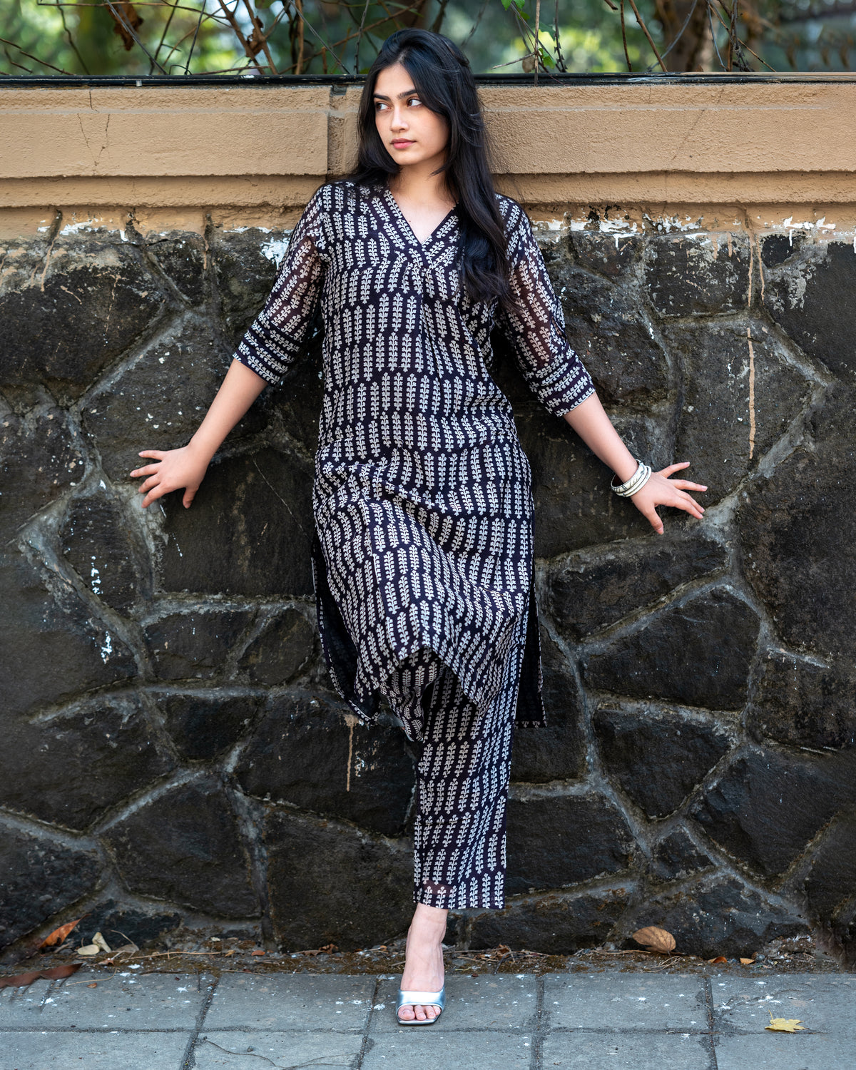 Black Maheshwari Silk Kurta without dupatta,bagh print ,plant base dye