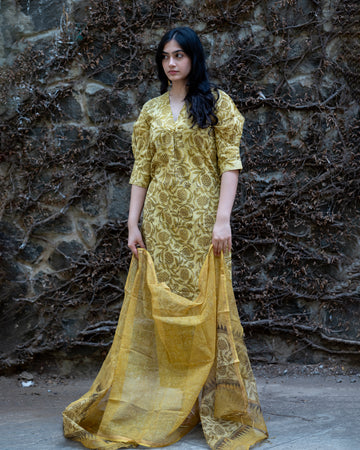 Kurta Set with Kota Dori Dupatta, AJRAKH PRINT,PLANT BASE DYE