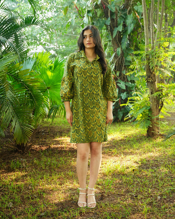 Hand-Block Printed Tulip Dress in Soft Cotton - Collar Neck - Green