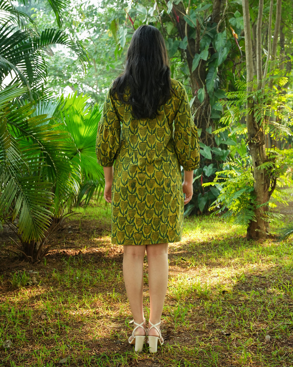 Hand-Block Printed Tulip Dress in Soft Cotton - Collar Neck