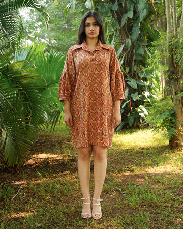 Hand-Block Printed Tulip Dress in Soft Cotton - Collar Neck - Orange