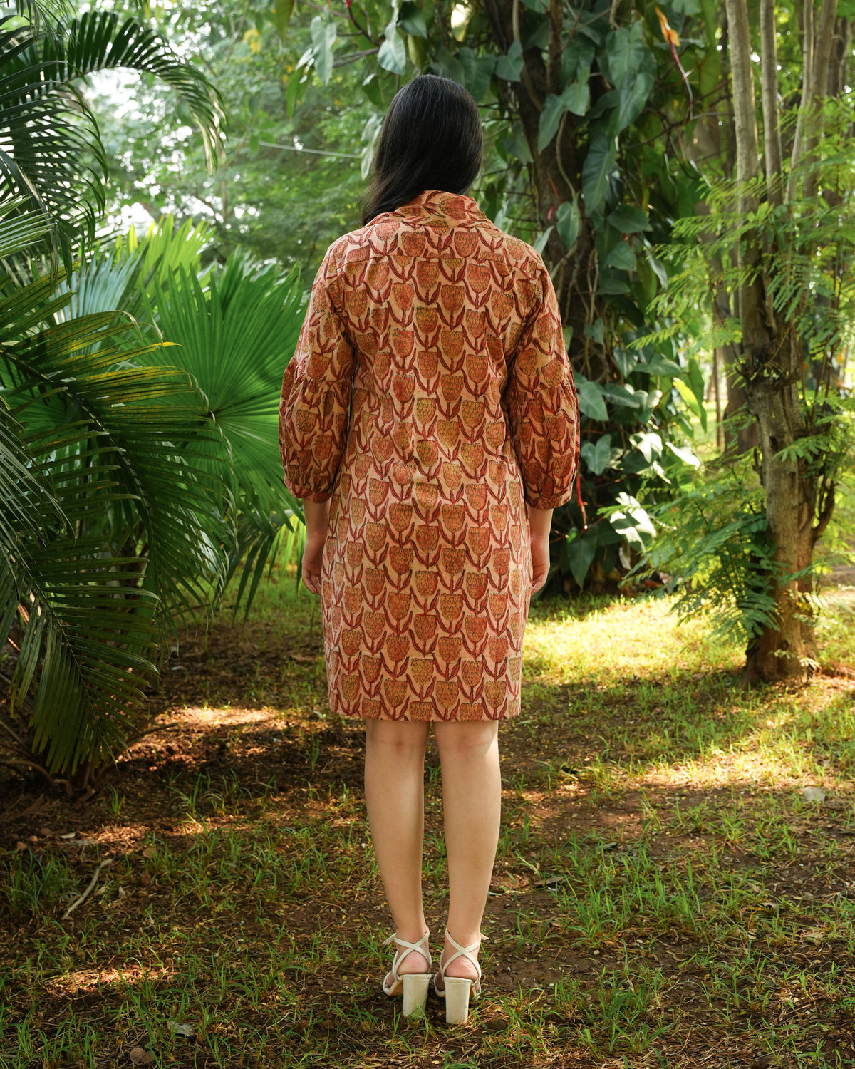 Hand-Block Printed Tulip Dress in Soft Cotton - Collar Neck