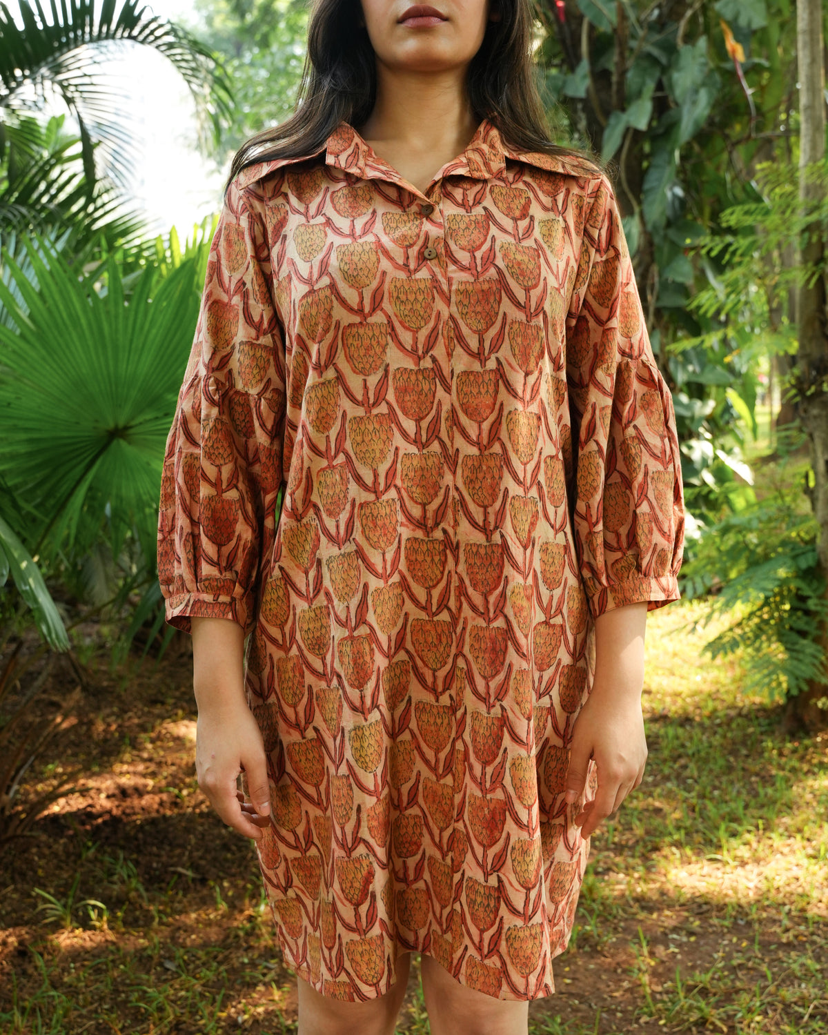 Hand-Block Printed Tulip Dress in Soft Cotton - Collar Neck