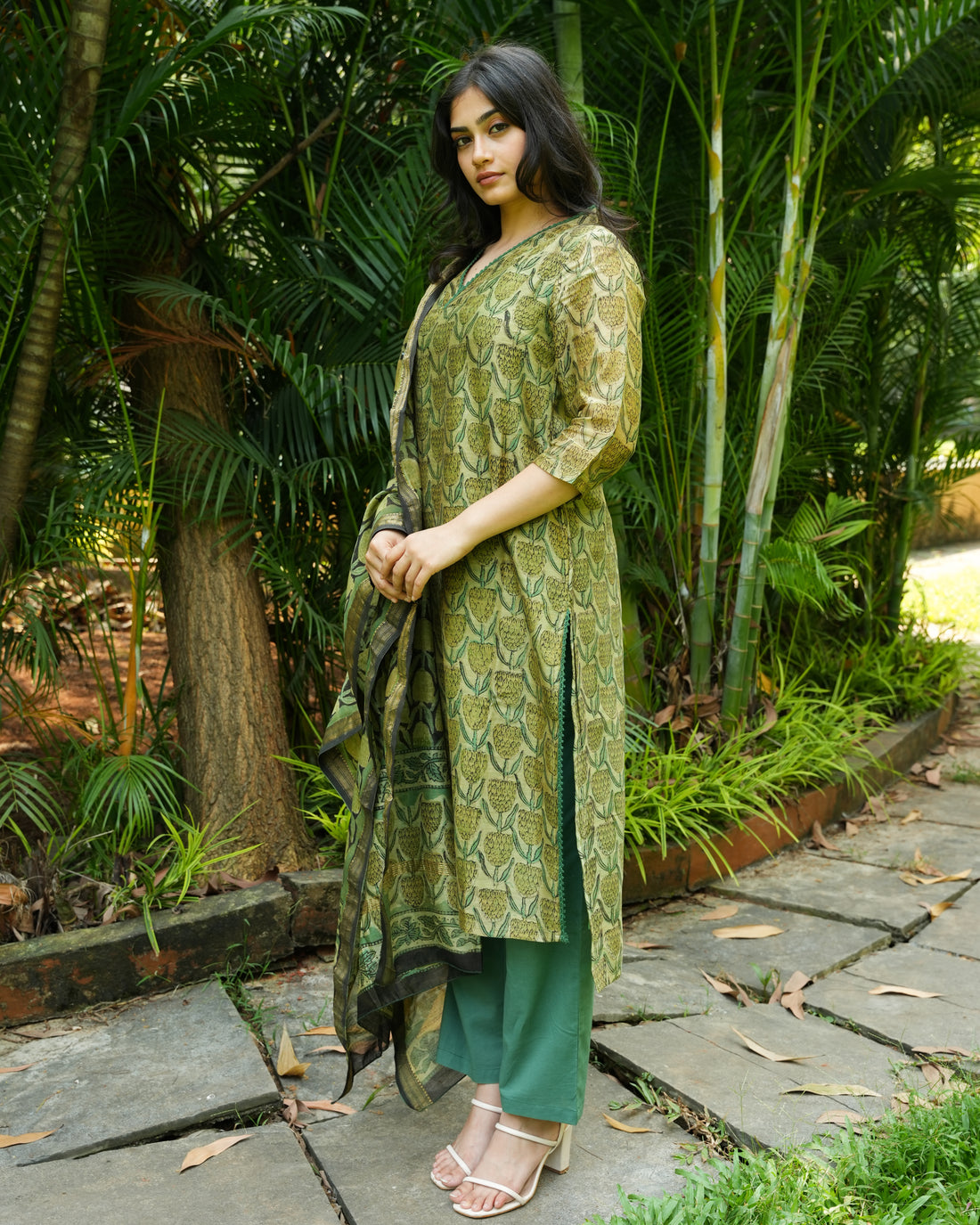 Tulips Hand-Block Printed Maheshwari Silk 3 Piece Kurta | Traditional Indian Clothing | Ethnic Fashion for Women
