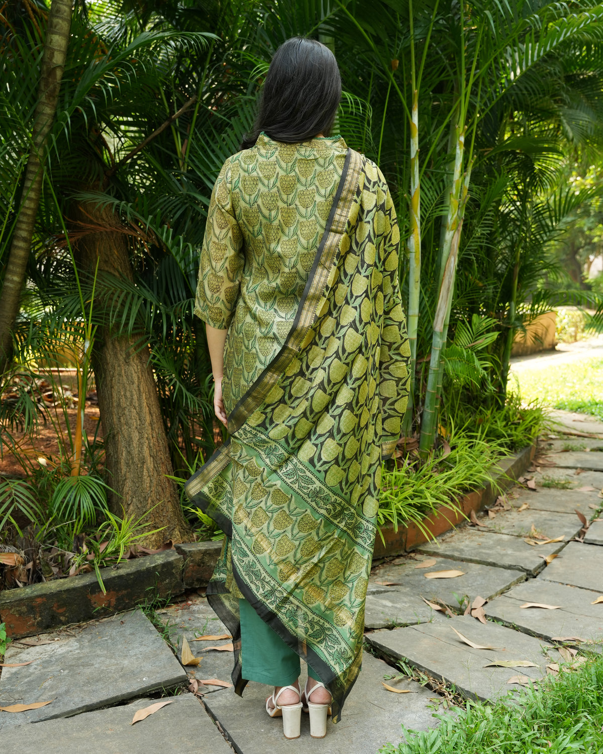 Tulips Hand-Block Printed Maheshwari Silk 3 Piece Kurta | Traditional Indian Clothing | Ethnic Fashion for Women