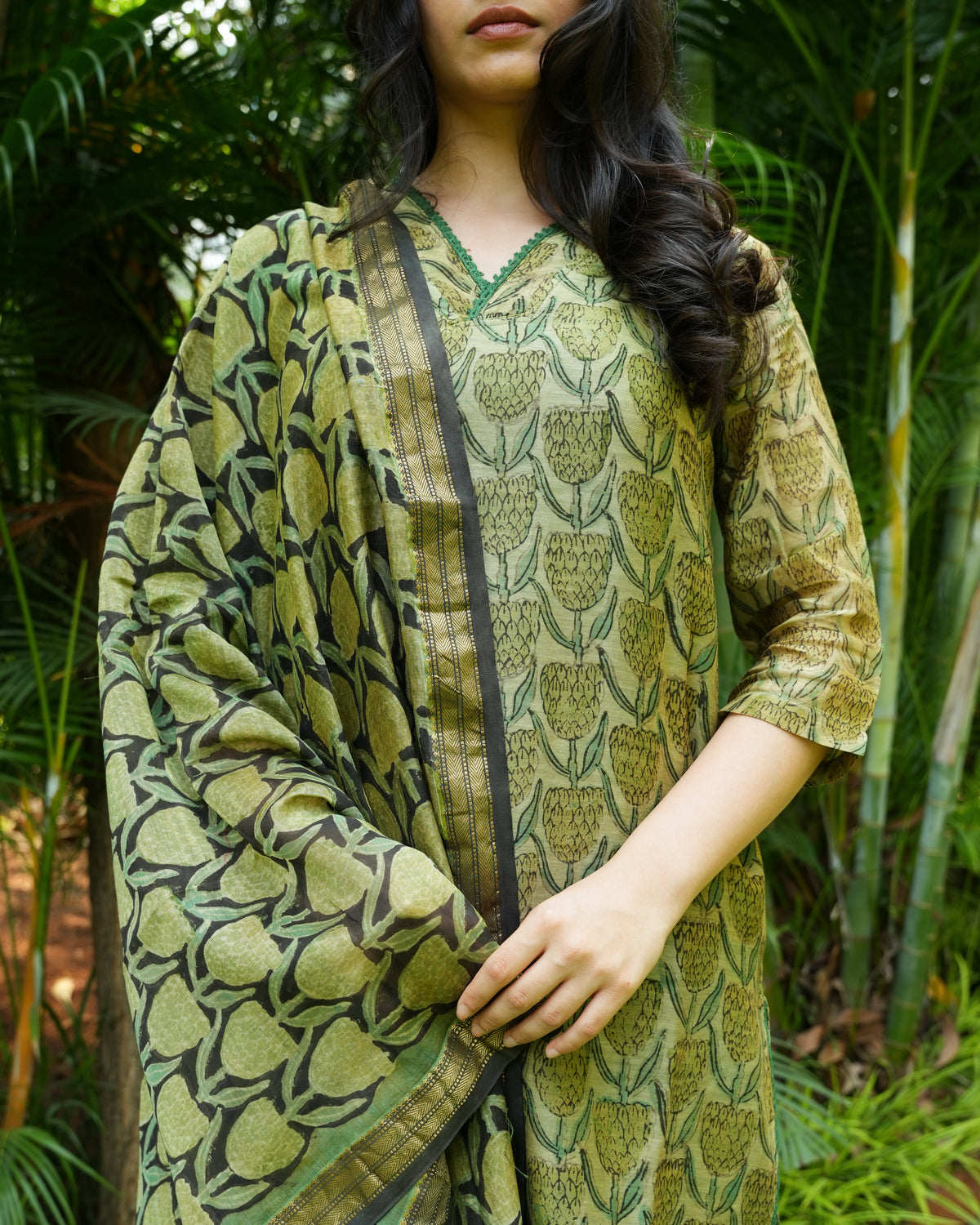 Tulips Hand-Block Printed Maheshwari Silk 3 Piece Kurta | Traditional Indian Clothing | Ethnic Fashion for Women