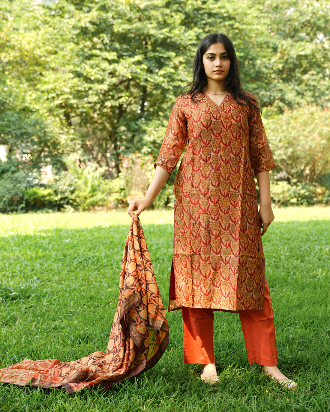 Orange Tulips 3 Piece Kurta Set in Maheshwari Silk |Organic Hand-Blocked Plant-Based Print | Traditional Indian Clothing
