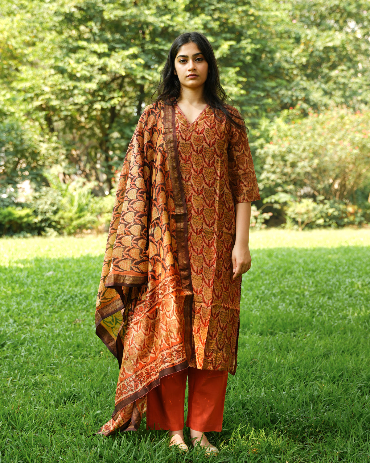 Orange Tulips 3 Piece Kurta Set in Maheshwari Silk |Organic Hand-Blocked Plant-Based Print | Traditional Indian Clothing