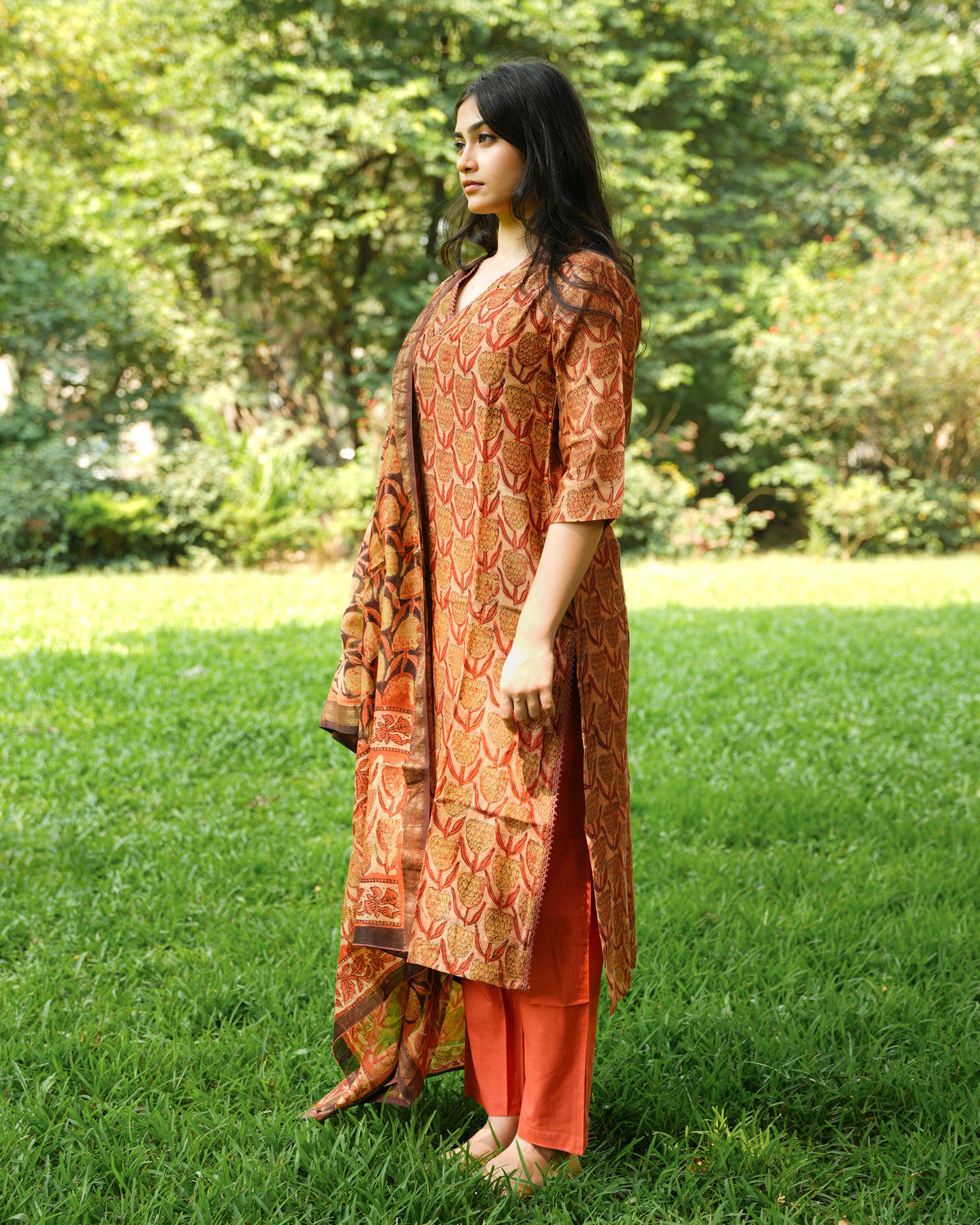 Orange Tulips 3 Piece Kurta Set in Maheshwari Silk |Organic Hand-Blocked Plant-Based Print | Traditional Indian Clothing