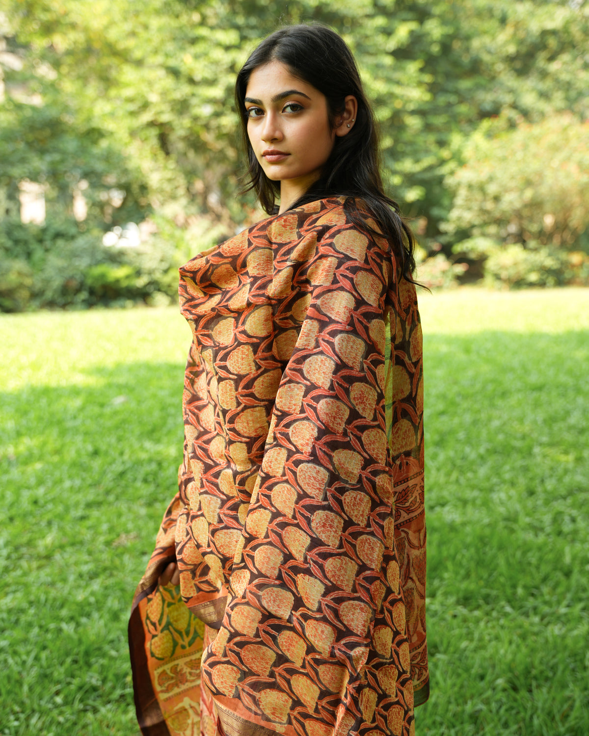 Orange Tulips 3 Piece Kurta Set in Maheshwari Silk |Organic Hand-Blocked Plant-Based Print | Traditional Indian Clothing