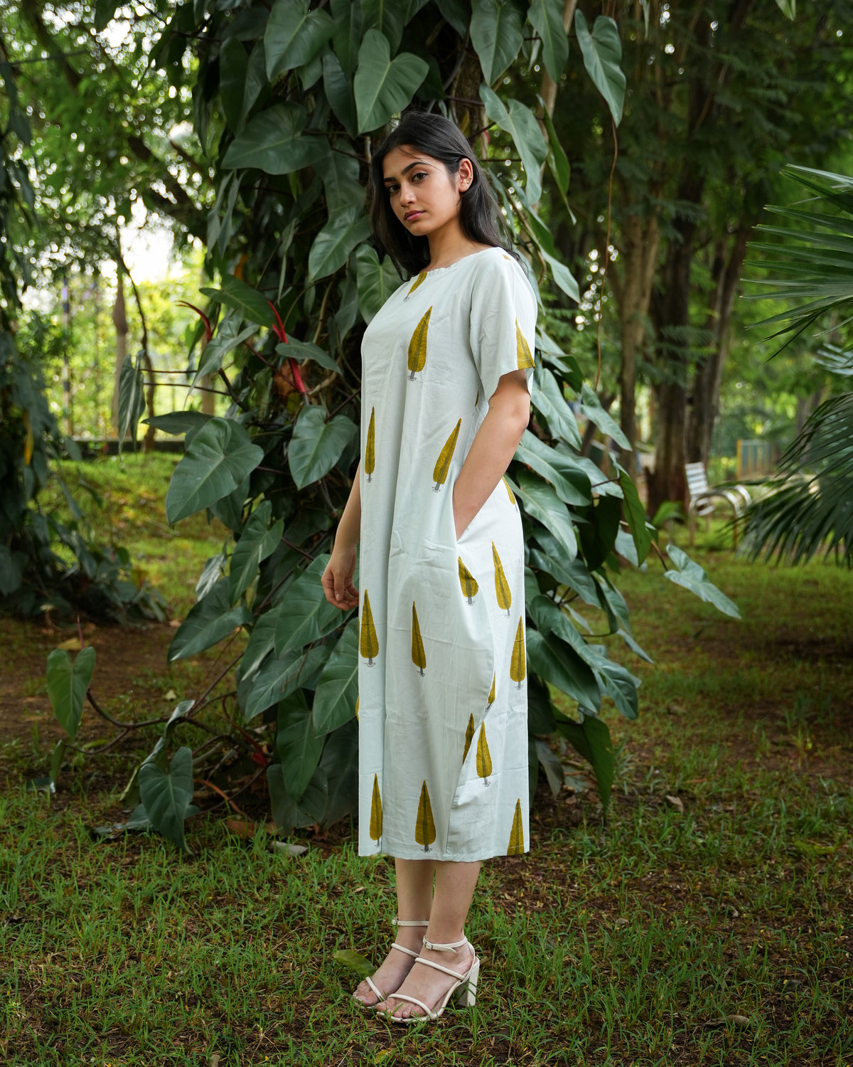 Hand-Block Printed Cotton Leaf Design dress with Side Pocket - Unique and Stylish Fashion