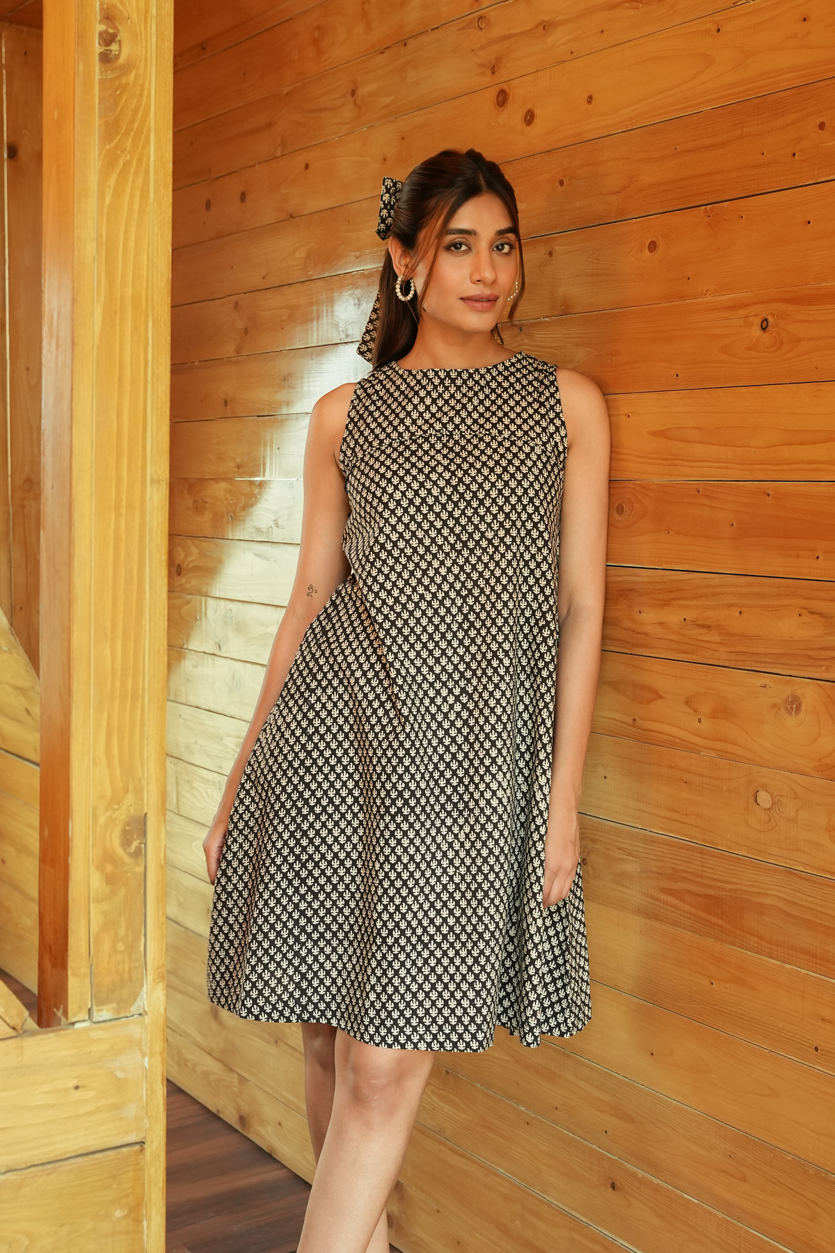 Dabbu Printed A-Line Dress Colot - Black & Beige