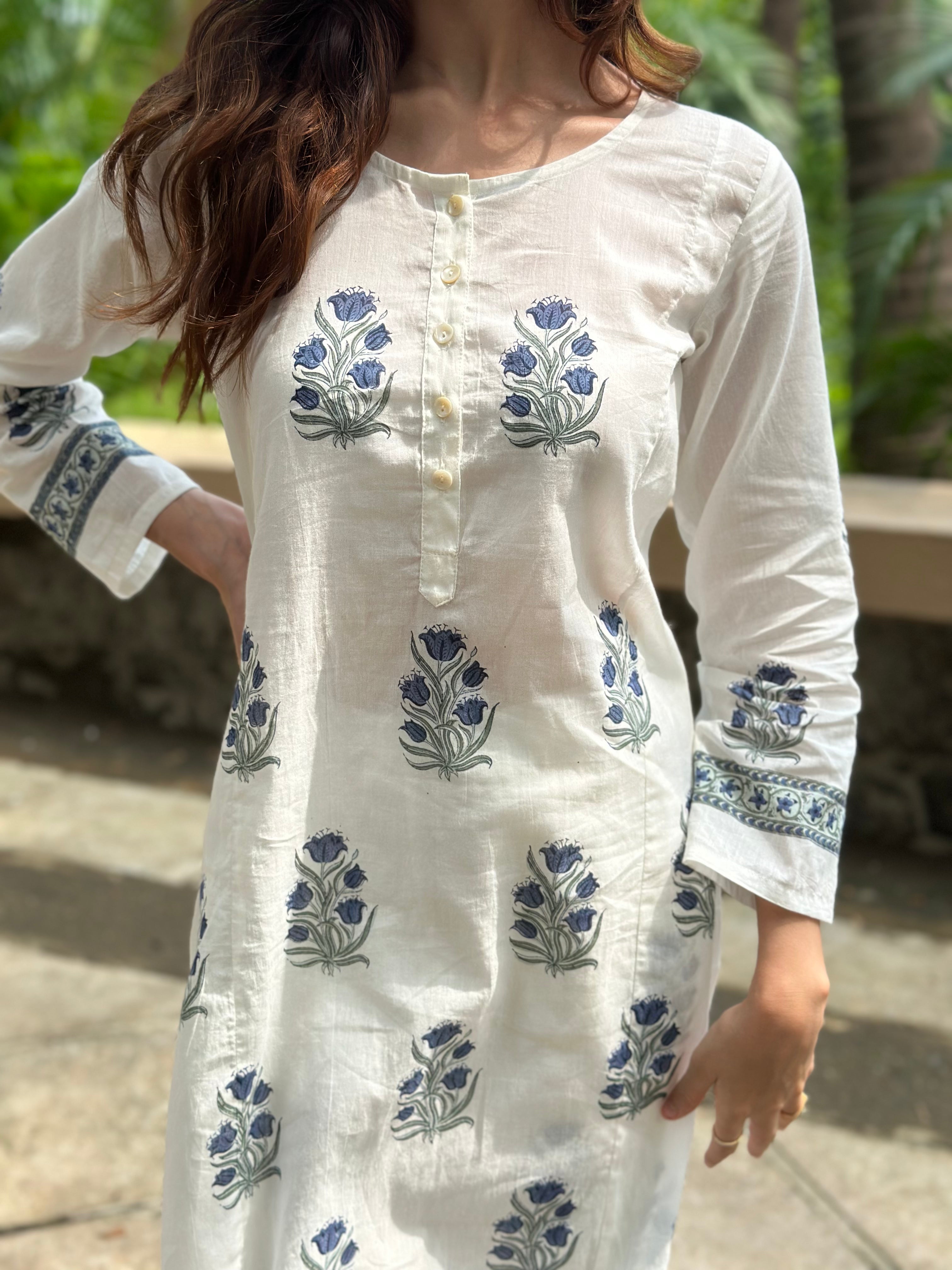 2-Piece Blue Mul-Cotton Handblock Print Kurta Set