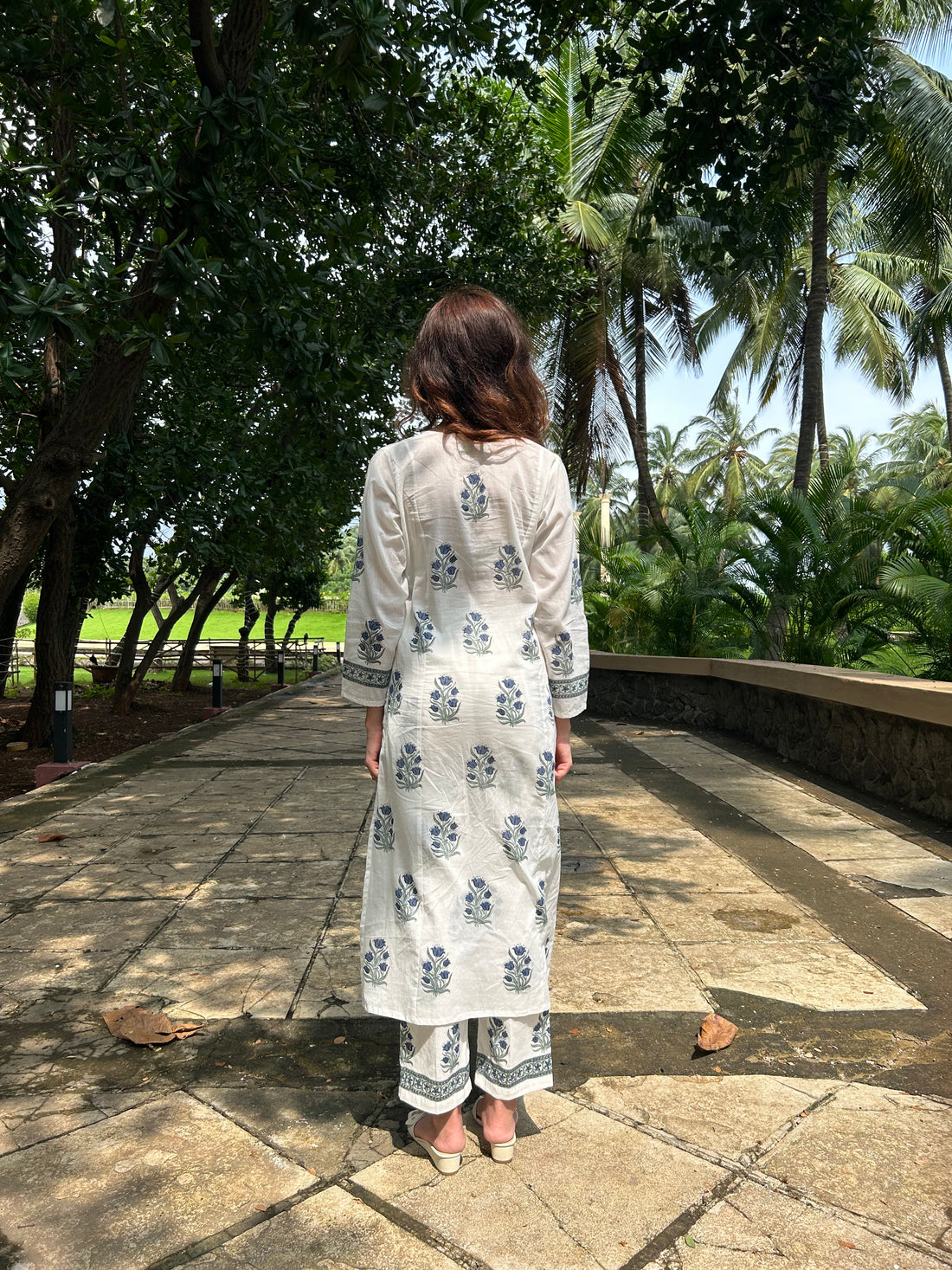 2-Piece Blue Mul-Cotton Handblock Print Kurta Set