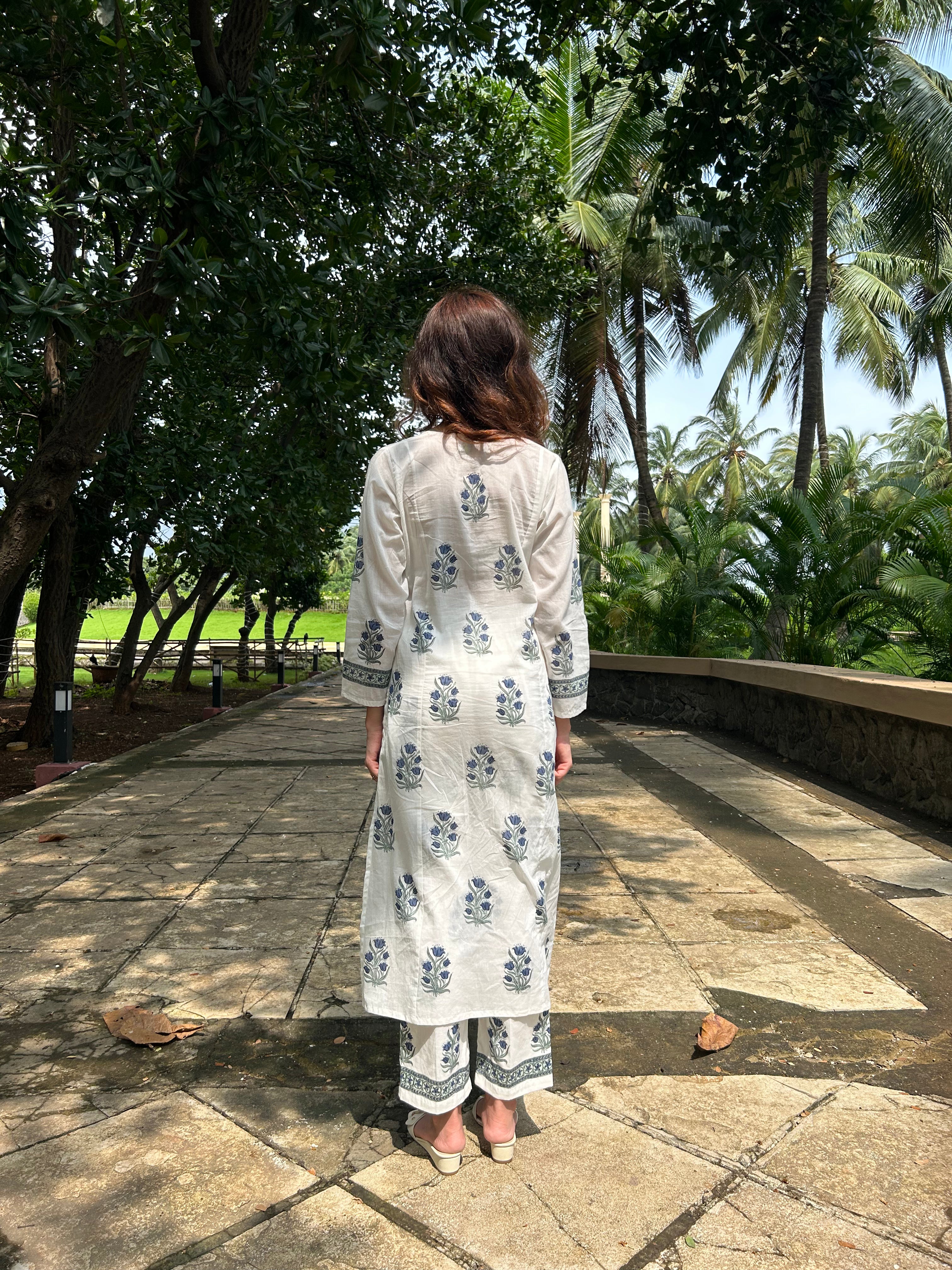 2-Piece Blue Mul-Cotton Handblock Print Kurta Set