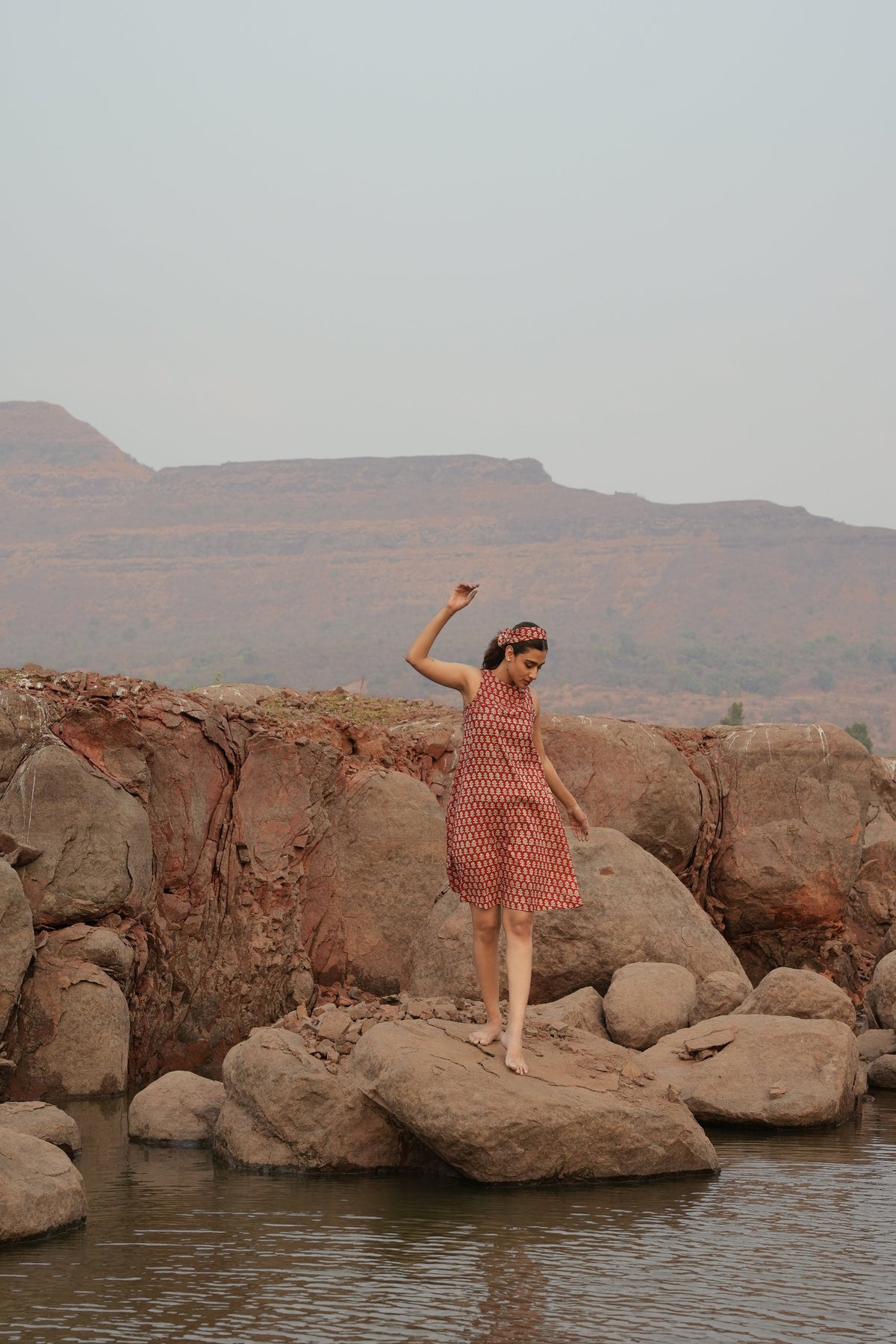 Block Printed A-Line Dress - Maroon & Beige
