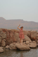 Block Printed A-Line Dress - Maroon & Beige