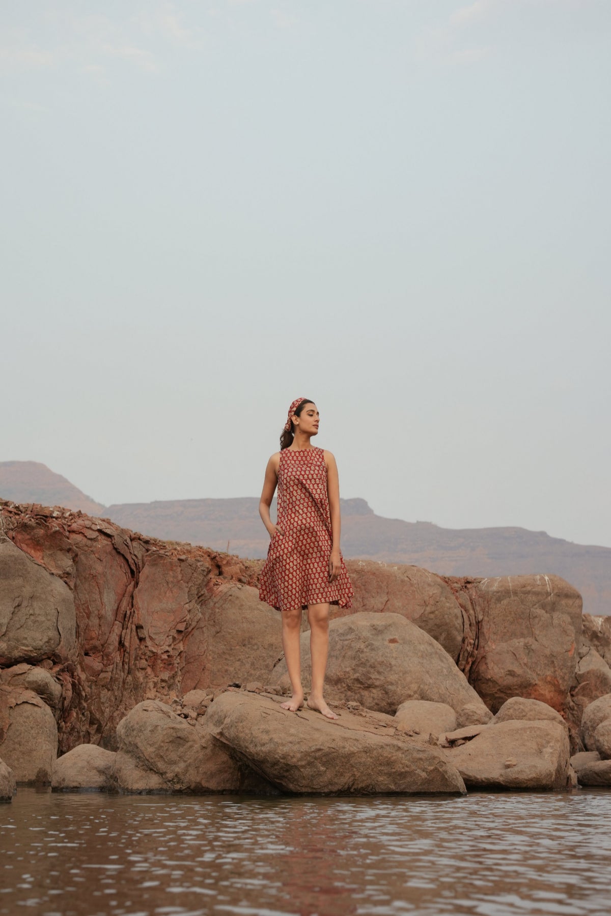 Block Printed A-Line Dress - Maroon & Beige