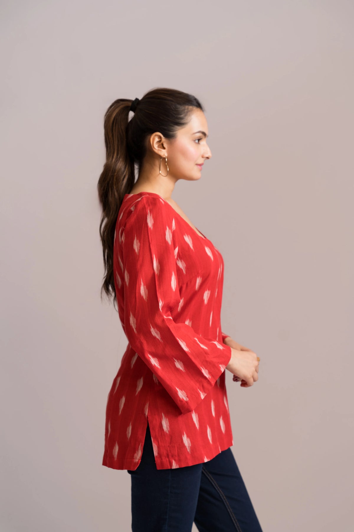 Ikat Bell Sleeves Short Kurti
