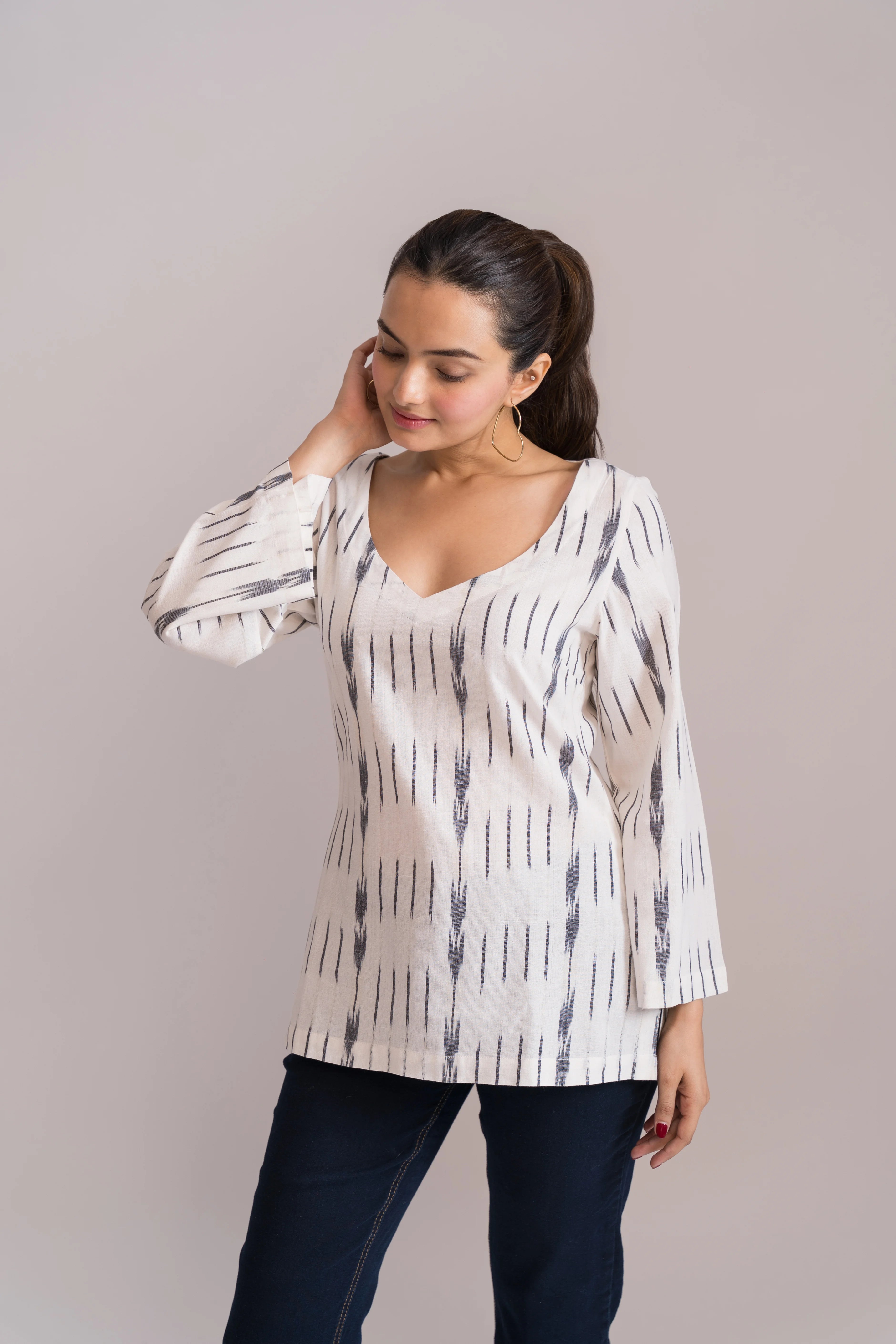 Ikat Bell Sleeves Short Kurti