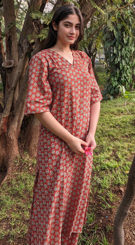 Flower Print Cotton Kurti Set- Organic Plant-Based Color Pattern