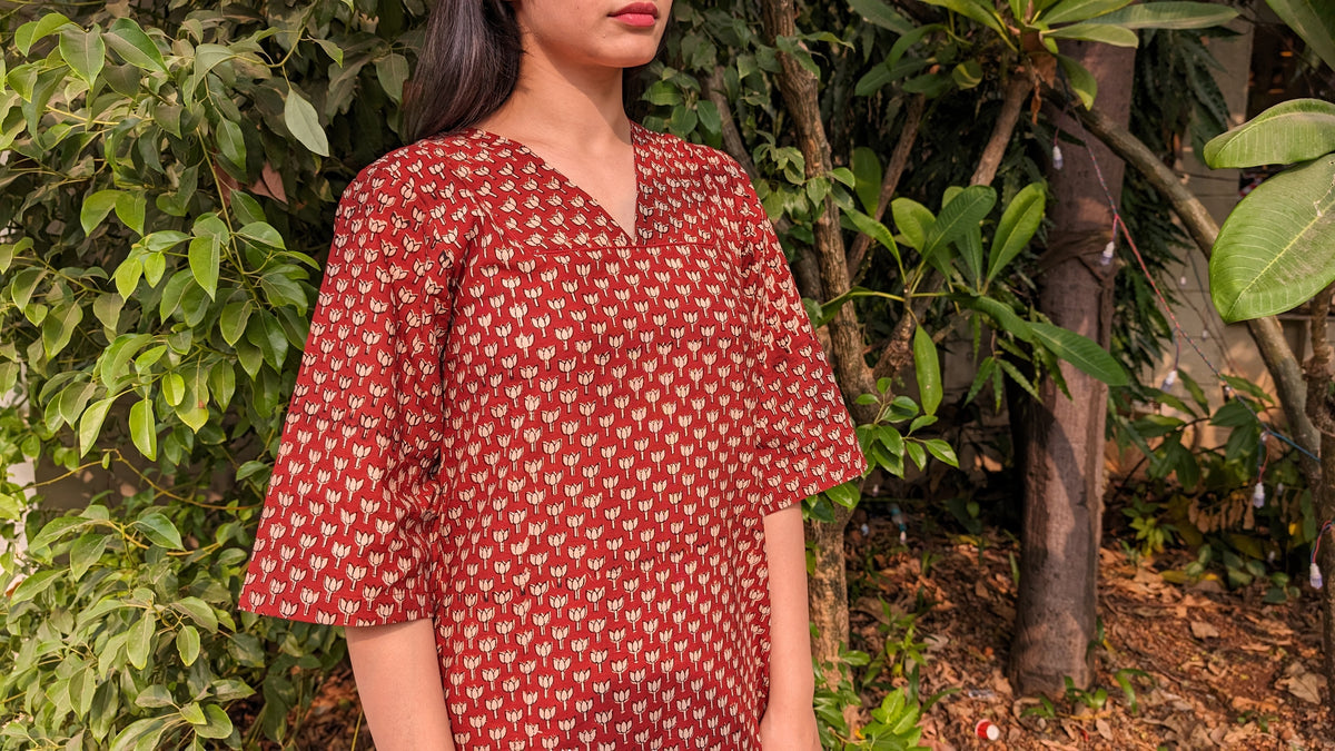 Lotus Print Cotton 2-Piece Kurti - Organic Plant-Based Color Pattern,katyani collection