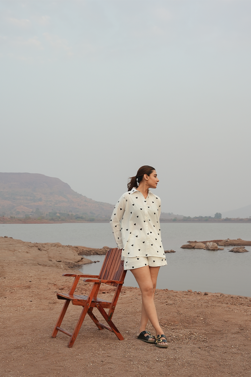 Heart Printed Co-ord Set Color - White