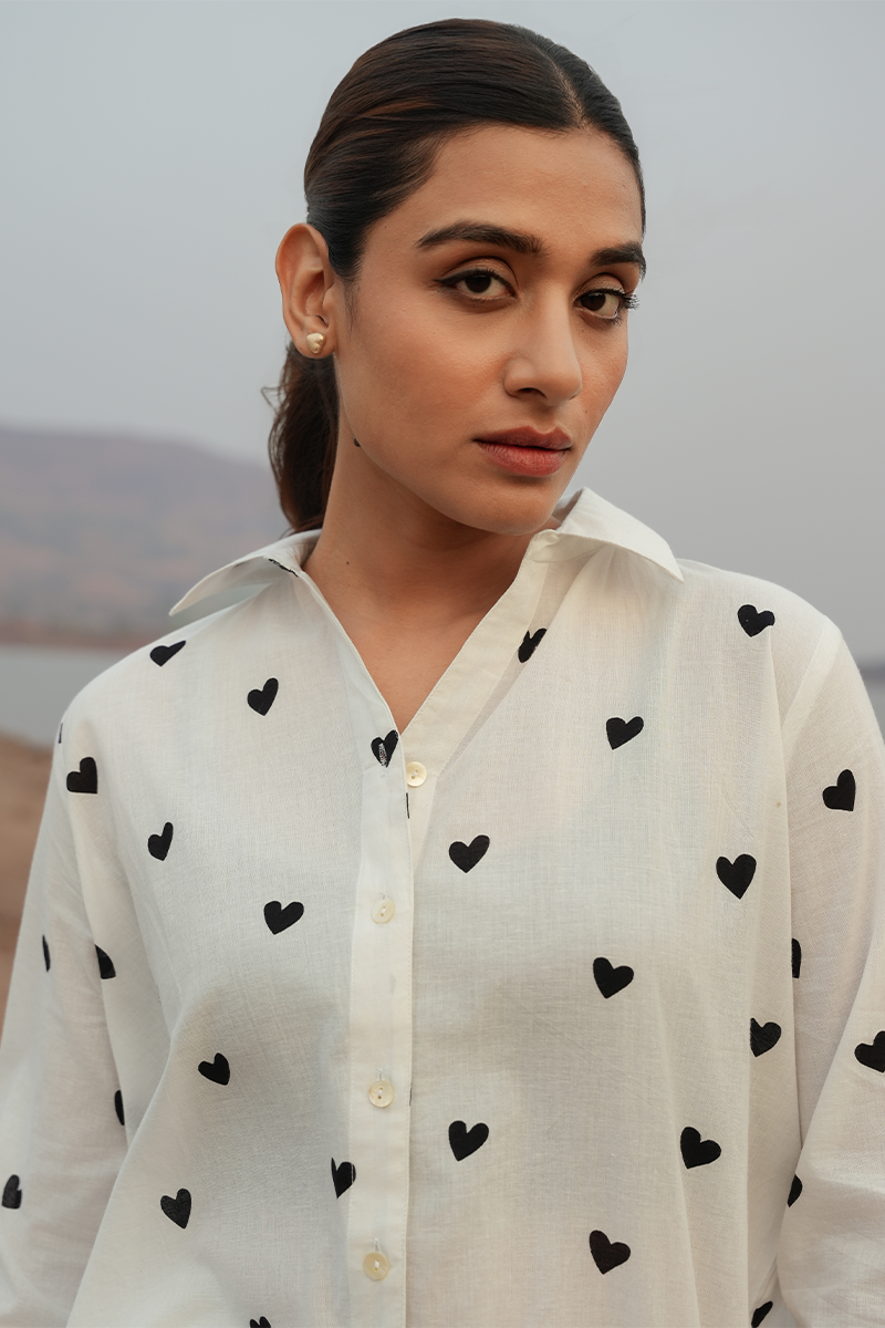 Heart Printed Co-ord Set Color - White