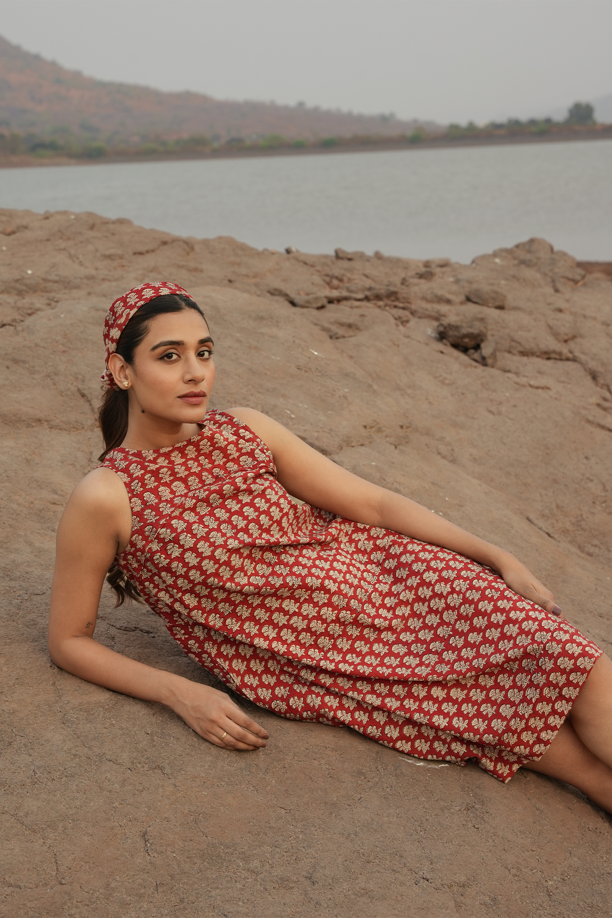 Block Printed A-Line Dress - Maroon & Beige