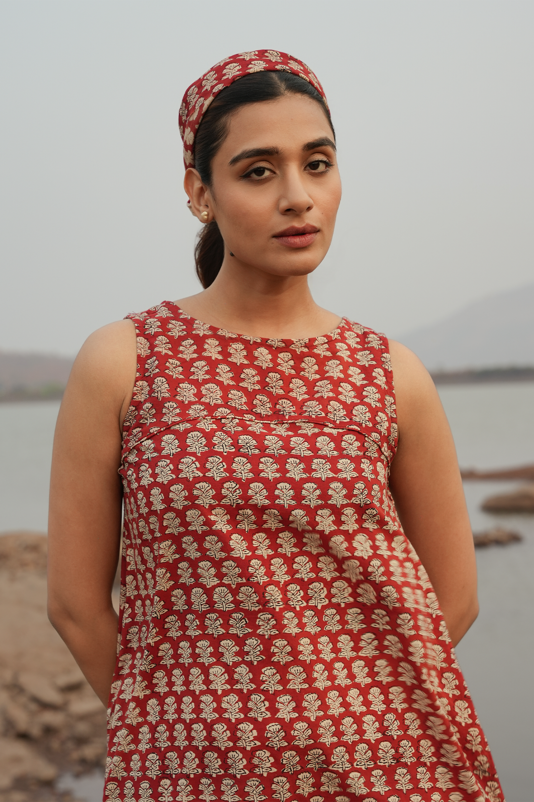 Block Printed A-Line Dress - Maroon & Beige