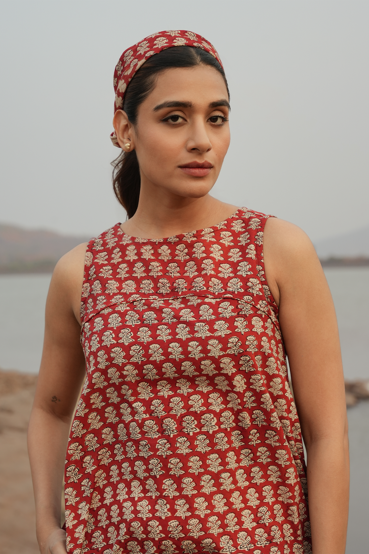 Block Printed A-Line Dress - Maroon & Beige