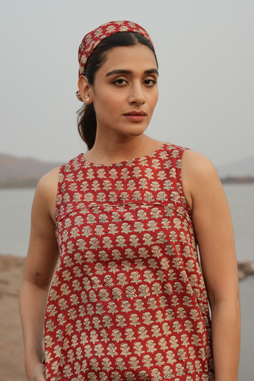 Block Printed A-Line Dress - Maroon & Beige