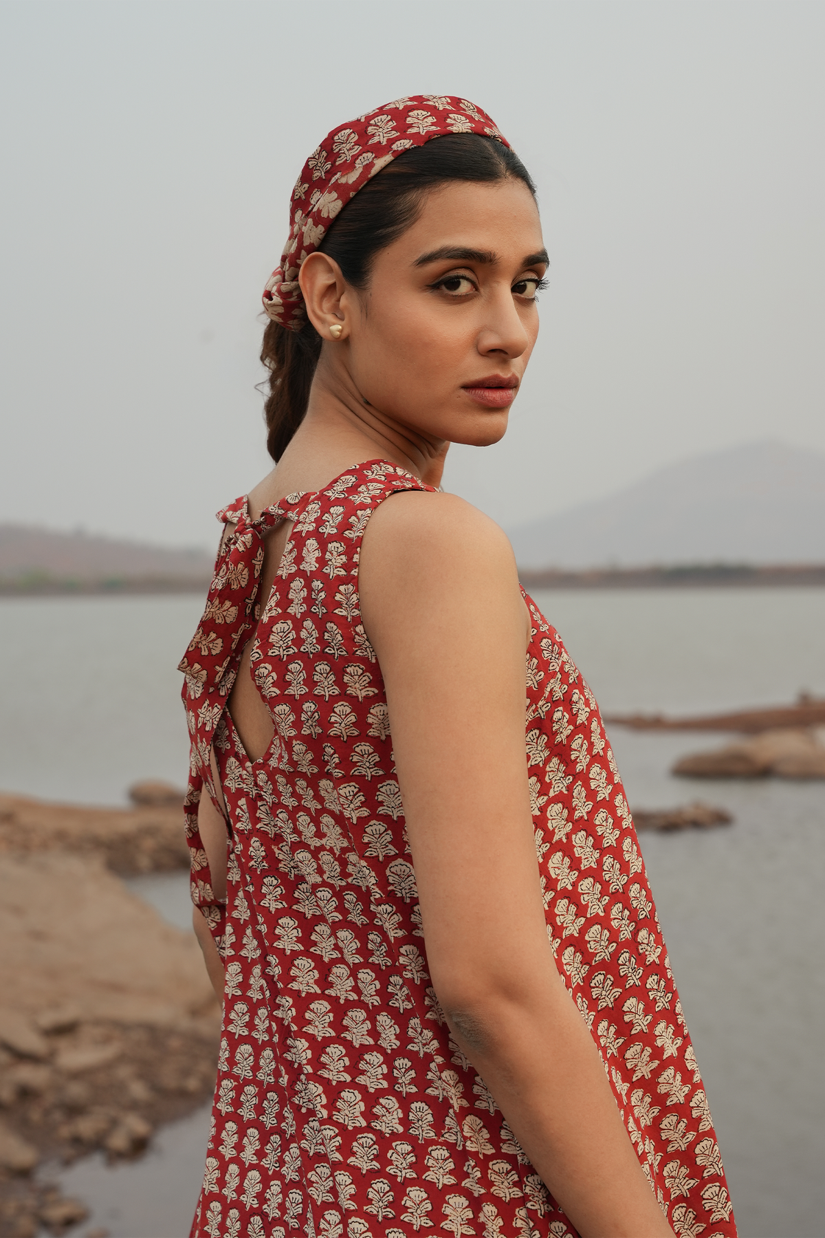 Block Printed A-Line Dress - Maroon & Beige