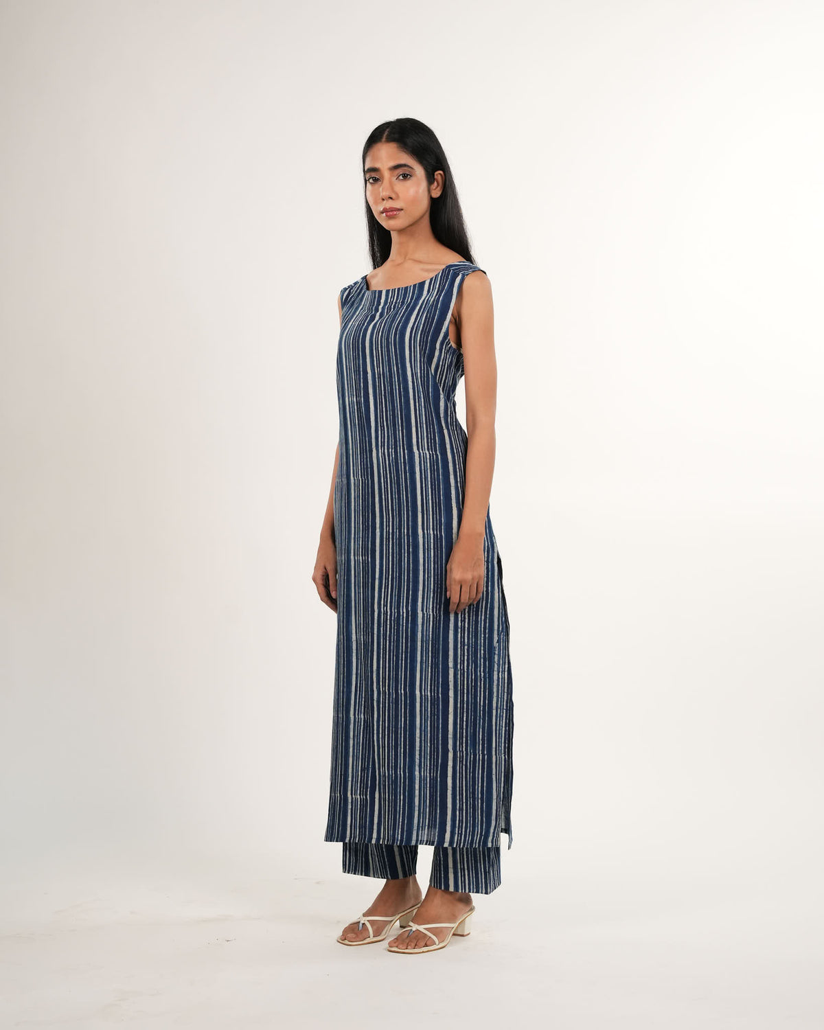 Indigo Striped Sleeveless 2-Piece Kurta Set | Neelmii Handblock Collection