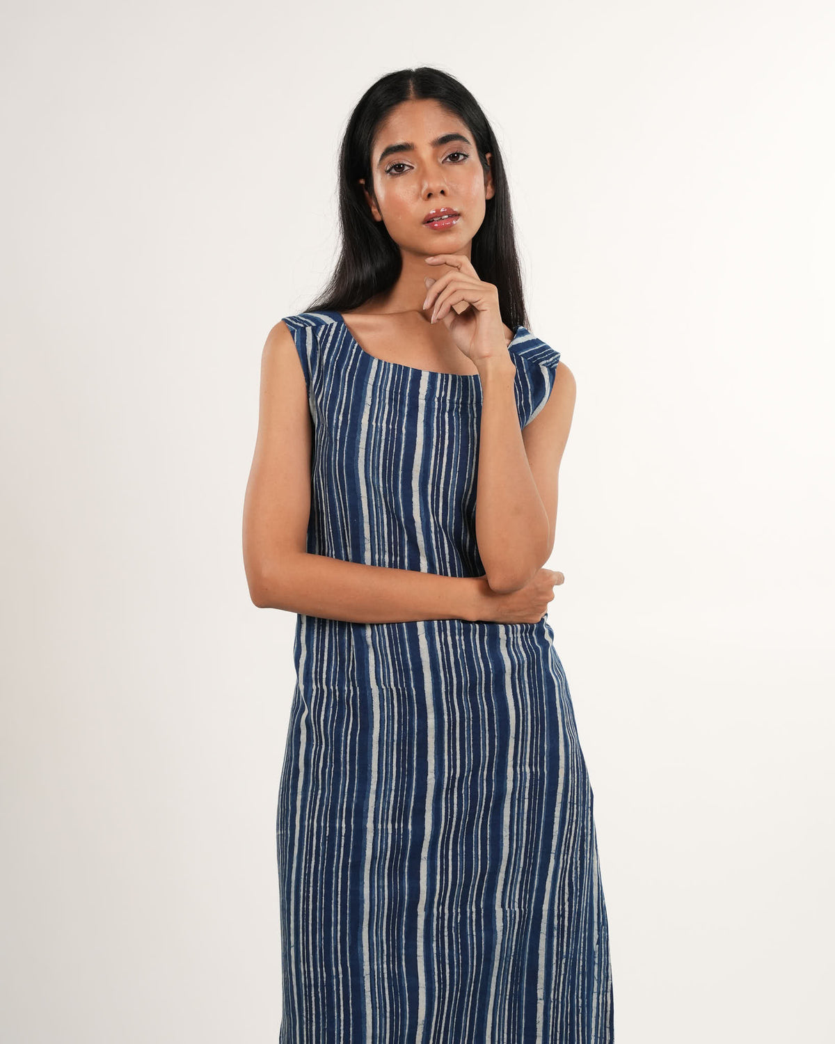 Indigo Striped Sleeveless 2-Piece Kurta Set | Neelmii Handblock Collection