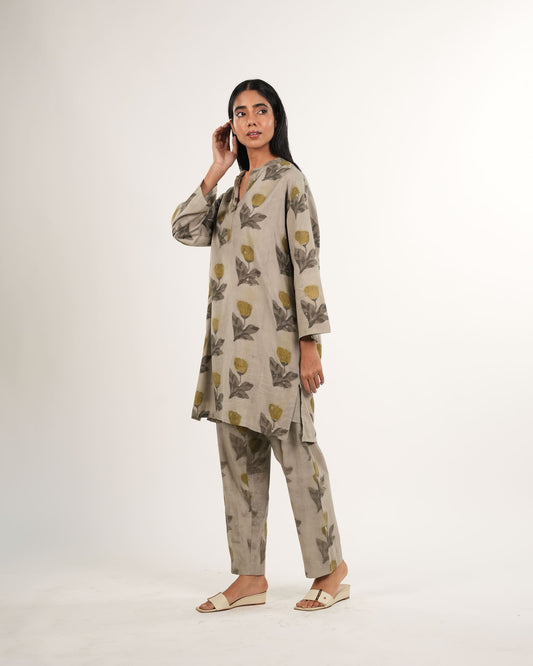 Handblock Printed Ajrakh Co-Ord Set in Beige | Organic Cotton | Neelmii