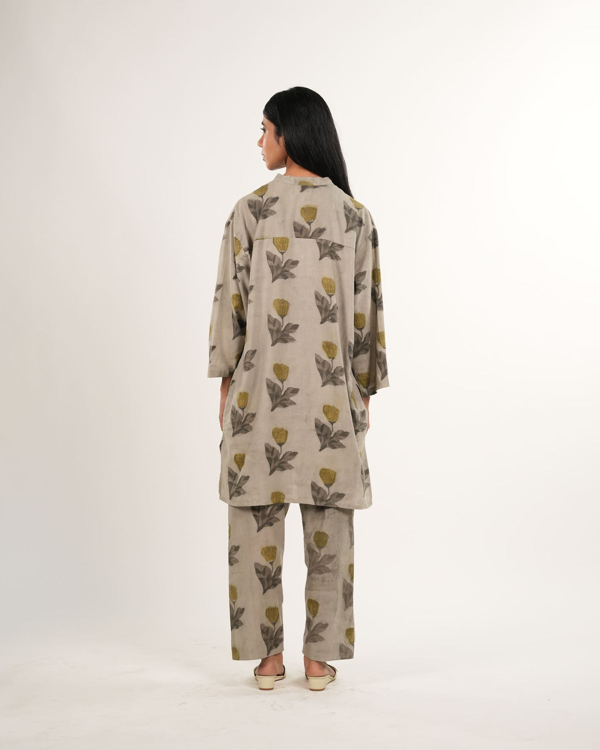Handblock Printed Ajrakh Co-Ord Set in Beige | Organic Cotton | Neelmii, plant base dye