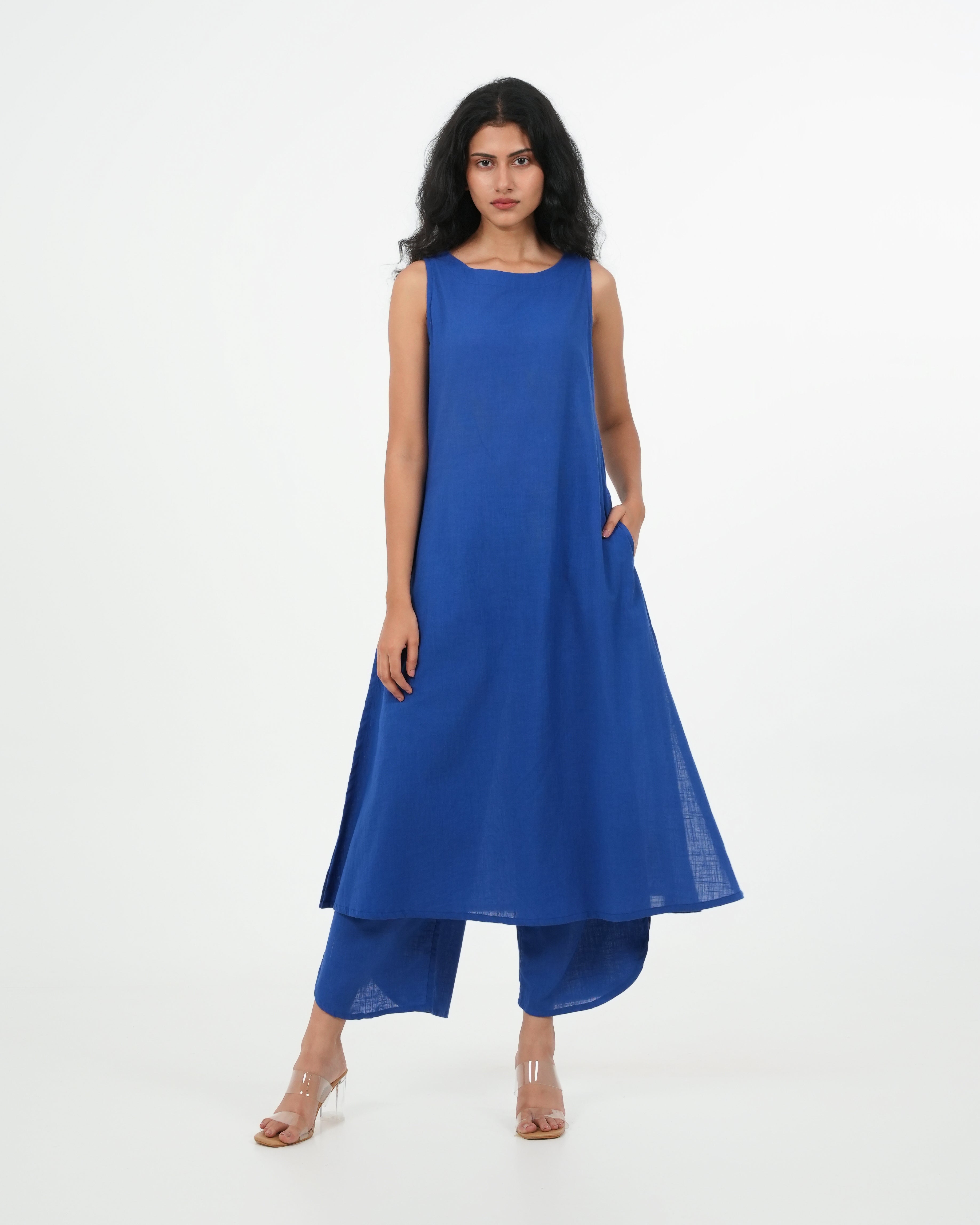 3 Piece Royal Blue Sleeveless Cotton Kurta Set