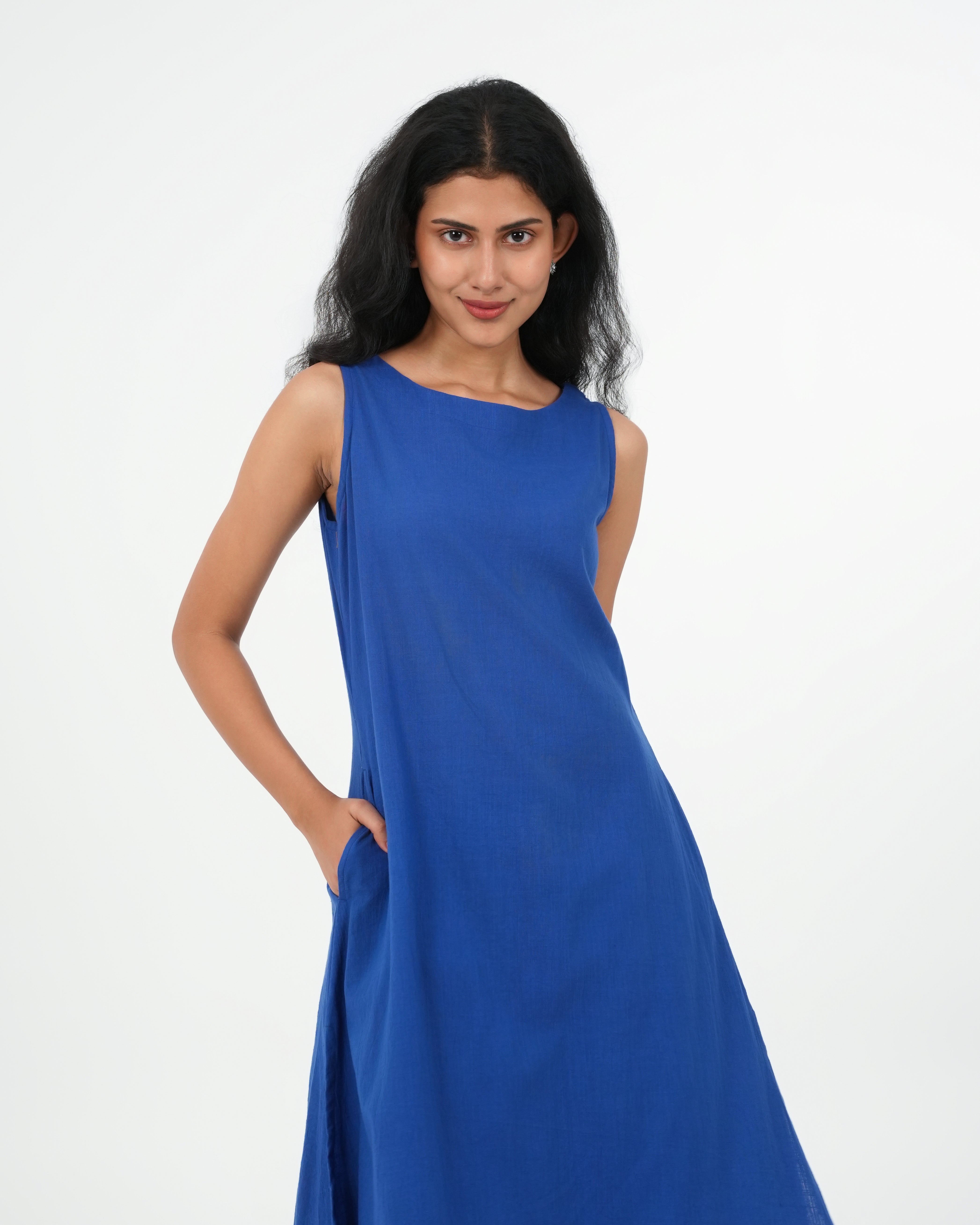 3 Piece Royal Blue Sleeveless Cotton Kurta Set