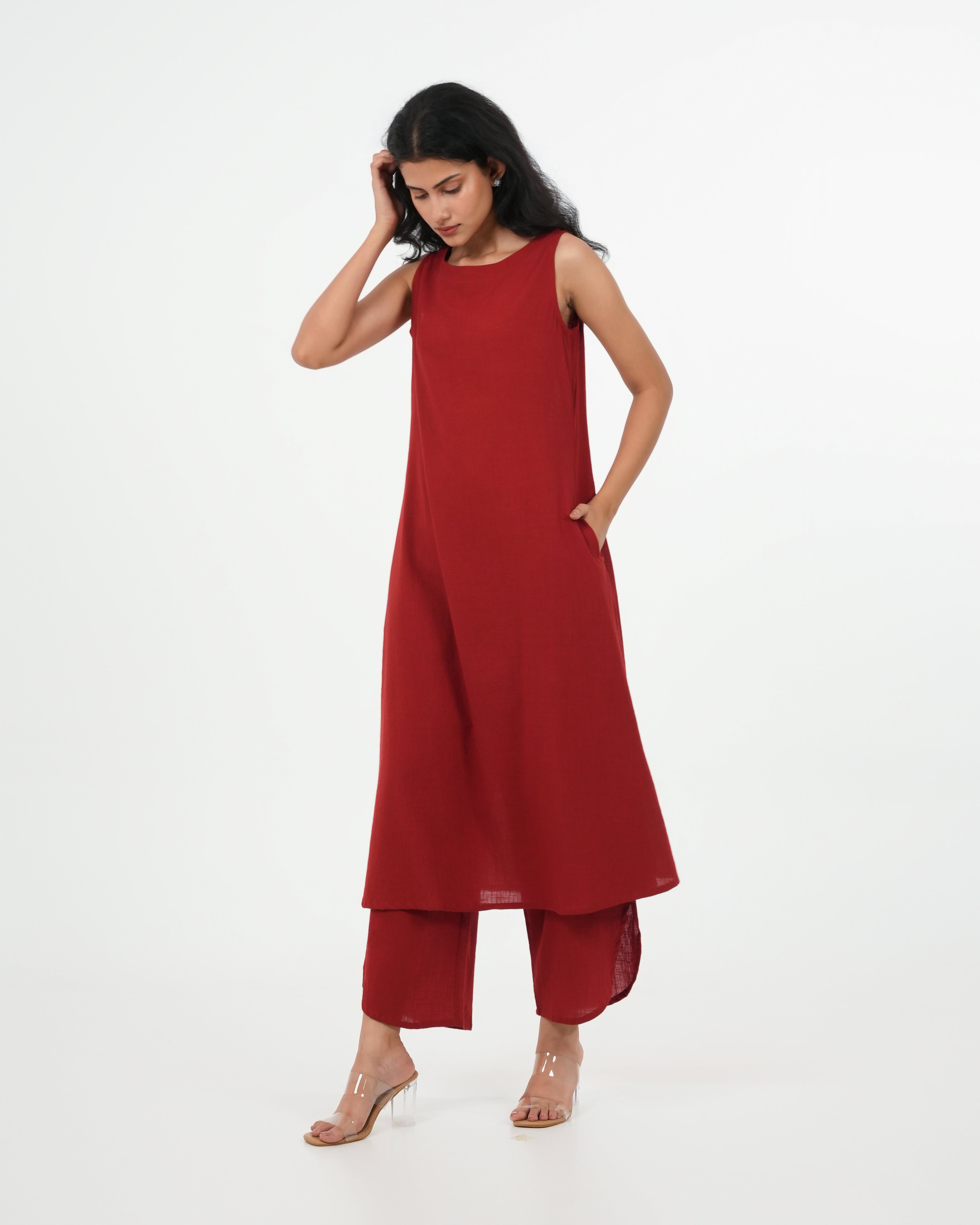 Maroon Kurta Set - Sleeveless