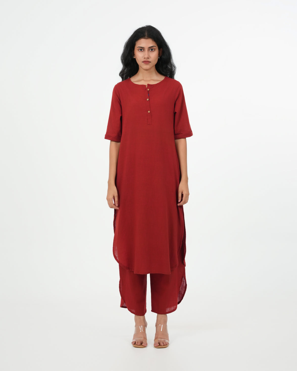 3-Piece Maroon Kurta Set (3/4 Sleeves)