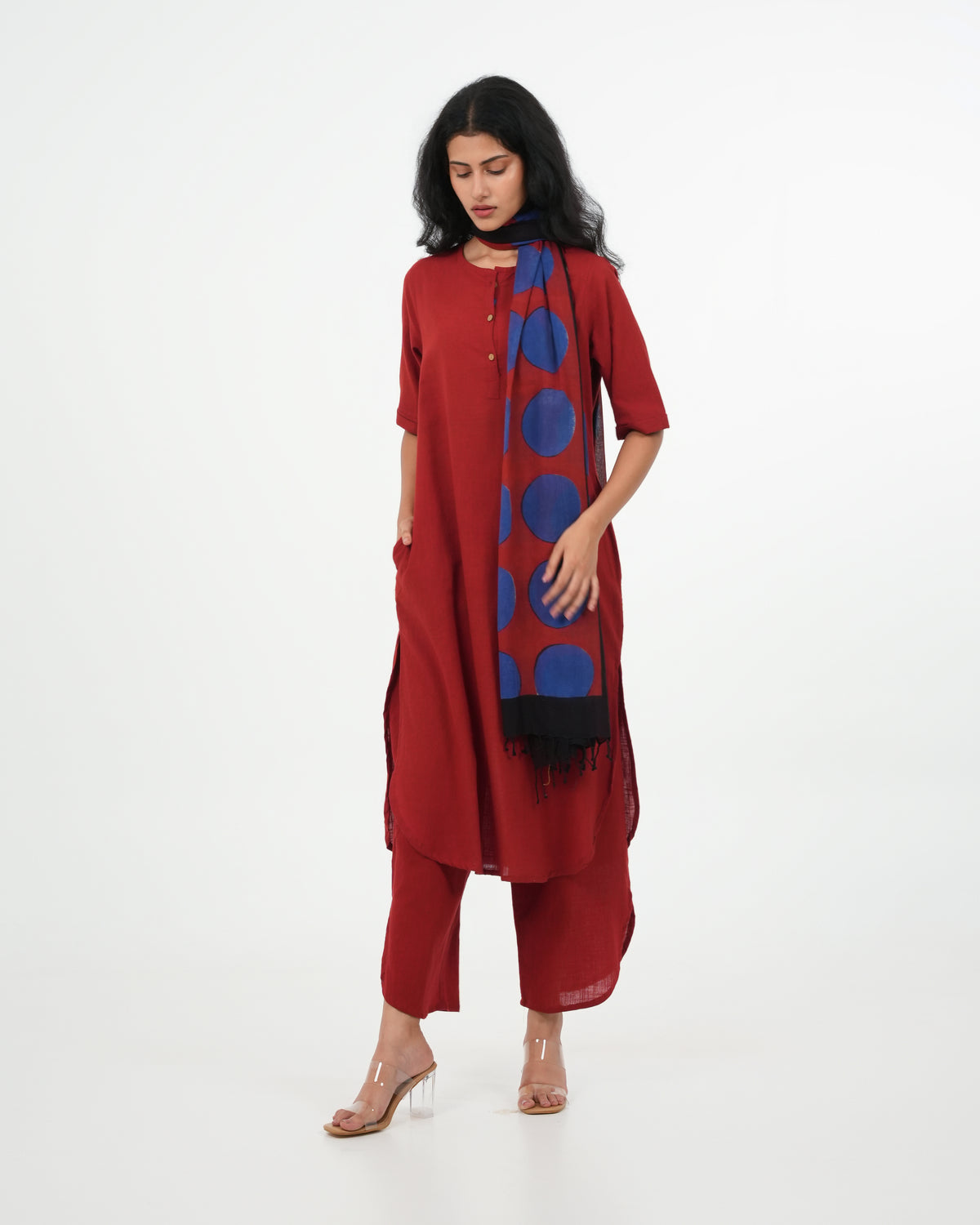 3-Piece Maroon Kurta Set (3/4 Sleeves)