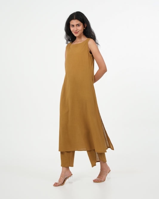 Olive Yellow Cotton Kurta with dupatta (Sleeveless)