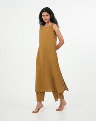 Olive Yellow Cotton Kurta with dupatta (Sleeveless)