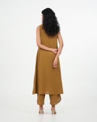 Olive Yellow Cotton Kurta with dupatta (Sleeveless)