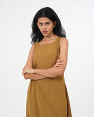 Olive Yellow Cotton Kurta with dupatta (Sleeveless)