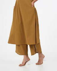 Olive Yellow Cotton Kurta with dupatta (Sleeveless)