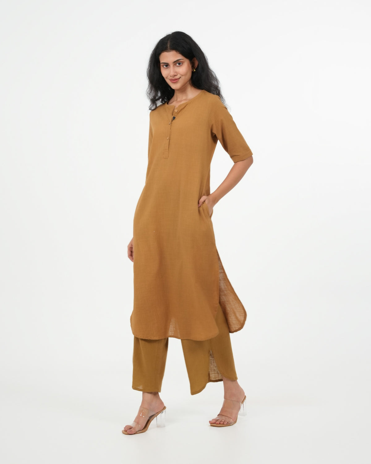 Olive Yellow 3 Piece Cotton Kurta Set (3/4 Sleeves)