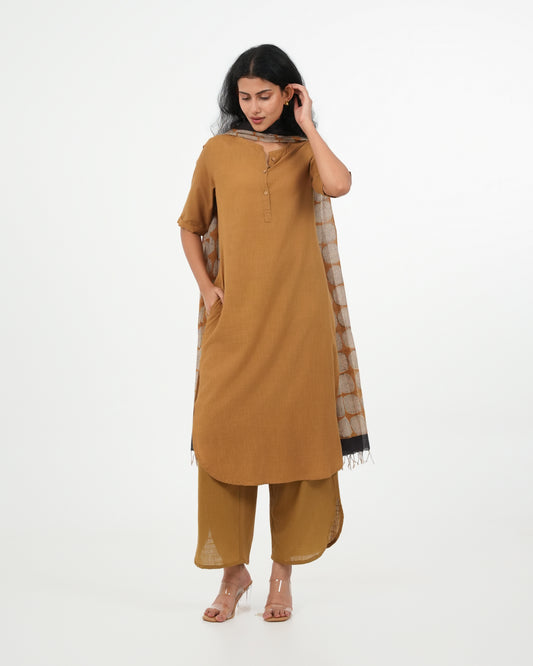 Olive Yellow Cotton Kurta with dupatta (3/4 Sleeves)